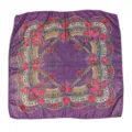 Detail view of a vintage purple square headscarf featuring metallic gold threads and floral roses. - Gold Thread Purple