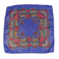 Retro floral gold silk square scarf, elegant ethnic head wrap for women and daily wear. - Gold Thread Blue
