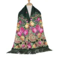 Dark green floral tassel shawl, vintage ethnic rose print wrap for women, warm winter scarf. - Green