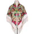 Ethnic floral tassel shawl for women, Russian style large square scarf for travel and photo. - Off White