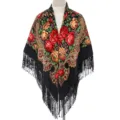 Traditional ethnic style floral shawl for women with rich Russian pattern and tassels. - Black