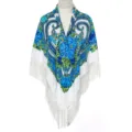 Detailed view of women's vintage floral paisley square shawl with elegant white fringe. - Heart White Orchids