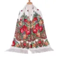 Vintage bloemenprint kwastjessjaal met rode rozen en Boheemse etnische stijl details. - Beige