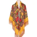 Russian retro floral print large square scarf shawl with fringe for women, ethnic style wrap. - Yellow