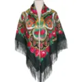 Traditional Russian style floral print fringed shawl, elegant ethnic design for women. - Dark Green