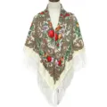 Etnische bloemen franje sjaal vrouwen omslagdoek Russische stijl vintage grote katoenen - Beige