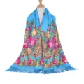 Blue floral tassel scarf vintage ethnic boho long shawl for women warm winter wrap outdoor - Sky Blue