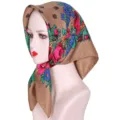 Retro floral square headscarf for women, ethnic style brown hair scarf, vintage look. - Khaki