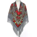 Etnische bloemen bedrukte franje sjaal vintage Russische stijl grote vierkante sjaal - Ruyi grijs