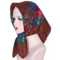 Russian floral print square headscarf women cotton ethnic style brown hair scarf - Coffee