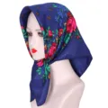 Retro floral cotton headscarf for women, ethnic square scarf for sun protection and hair wrap. - Dark Blue