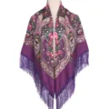 Purple Russian floral fringe shawl ethnic vintage square scarf for women outdoor dress accessory - Purple