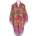 Russian vintage floral print shawl large square scarf with fringe ethnic style outerwear - Dusty Pink