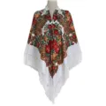 Vintage Russian style floral printed shawl with white fringe, large square scarf for women. - White