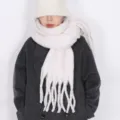 Solid color mohair winter scarf with thick fringe, soft warm white cozy neck wrap for women. - Solid Color: Off-White