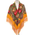 Ethnic floral tassel shawl for women, Russian style yellow square scarf with peony print. - Yellow