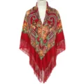 Red Russian ethnic style floral fringe shawl retro large square scarf for women autumn winter - Wine Red Heart