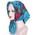 Women vintage floral print square headscarf ethnic style sun protection silk scarf - Teal