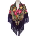 Women ethnic floral fringe shawl Russian style winter warm cotton scarf square wrap - Purple