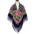 Russian ethnic style floral fringe shawl square scarf for women vintage winter warm wrap - Heart Navy Blue