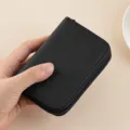 Tarjetero de cuero negro con cremallera acordeón múltiples ranuras cartera compacta - Negro