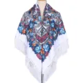 Traditional Russian floral square scarf with white fringe, warm tassel shawl headscarf. - Fan-Shaped Floral - White & Blue Flowers