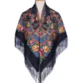 Detailed view of traditional floral tassel square scarf, elegant ethnic shawl for women. - Fan-Shaped Floral - Navy Blue