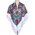 Detailed view of traditional Russian style floral square scarf with white fringe and warm fabric. - Fan-Shaped Floral - White & Red Flowers