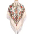 Retro russische stijl bloemen geprint vierkante sjaal met franjes voor dames elegante sjaal. - Beige