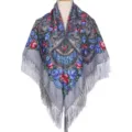 Traditional Russian floral square scarf with fringe, warm cotton vintage shawl for women. - Fan-Shaped Floral - Grey
