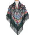 Detailed view of dark green floral shawl with fringe, ethnic vintage style scarf for women. - Fan-Shaped Floral - Military Green