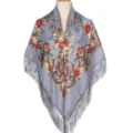 Traditional Russian floral printed shawl scarf with fringe retro ethnic square scarf for women - Gray