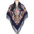 Traditional Russian floral print square scarf with fringe, vintage ethnic style shawl for women. - Navy Blue