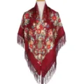 Russian traditional floral print square shawl scarf with fringe for women retro ethnic style. - Burgundy