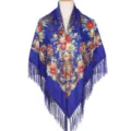 Close-up detail of the vintage Russian style floral printed shawl scarf with delicate fringes. - Sapphire Blue