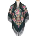 Traditional Russian style floral printed square scarf shawl with elegant fringe details for women. - Army Green