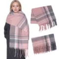 Vrouwen winter roze grijs geruit mohair sjaal dik warm grote omslagdoek franje mode accessoire - Roze