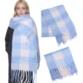 Blue and white plaid winter scarf for women, cozy mohair tassel shawl and thick warm wrap. - Plaid: Blue & White