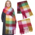 Colorful plaid mohair winter scarf with fringe, cozy warm soft women casual fashion shawl. - Plaid: Rainbow