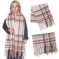 Winter ruit mohair sjaal voor dames, warme dikke geruite zachte kasjmier sjaal in beige bruin. - Crème en Bruin