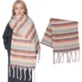 Women winter warm striped tassel scarf, soft cozy long thick neck wrap in multi-color. - Beige