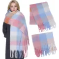 Cozy women's colorful plaid scarf thick warm tassel winter shawl soft mohair wrap - Plaid: Pink Blue
