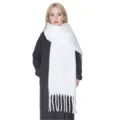 Women solid color thick winter warm white tassel knitted scarf cozy and elegant shawl. - Solid: White