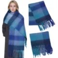 Cozy winter blue plaid scarf for women, thick mohair tassel shawl for cold weather wear. - Plaid: Royal Blue