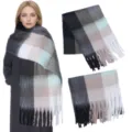 Winter women's warm mohair plaid scarf with fringe shawl thick cozy winter accessories - Plaid: Grey Black