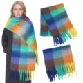 Colorful mohair plaid winter scarf and thick fringe shawl for women variant color style - Plaid: Blue Green