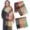 Women thick winter plaid scarf with fringe, multi-color cozy shawl wrap for cold weather. - Plaid: Rainbow Brown