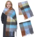 Colorful plaid mohair winter scarf for women, thick warm tassel shawl and cozy winter accessory. - Plaid: Grey Blue