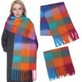 Cozy colorful plaid mohair winter scarf with thick tassels for women warm fashion shawl. - Plaid: Red Orange