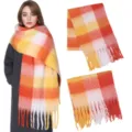 Colorful plaid mohair scarf, thick winter shawl with fringe, warm cozy neck wrap. - Plaid: Orange White